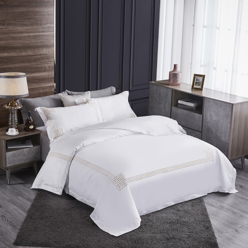Duvet Cover Bed Sheets Four Piece Set Bed Linen Custom OEM 60s Cotton Satin Solid Plain Color White Embroidery Home Textile Hotel Bedding Set for Hotel