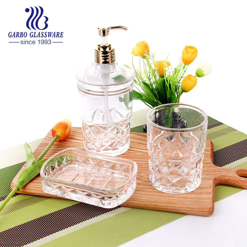 3PCS Glass Bathroom Accessory Set Glass Soap Holder Glass Shampoo Dispenser Glass Bottle Clear Color Glass Cup Glass Bottles Set 3PCS Bathroom Glassware