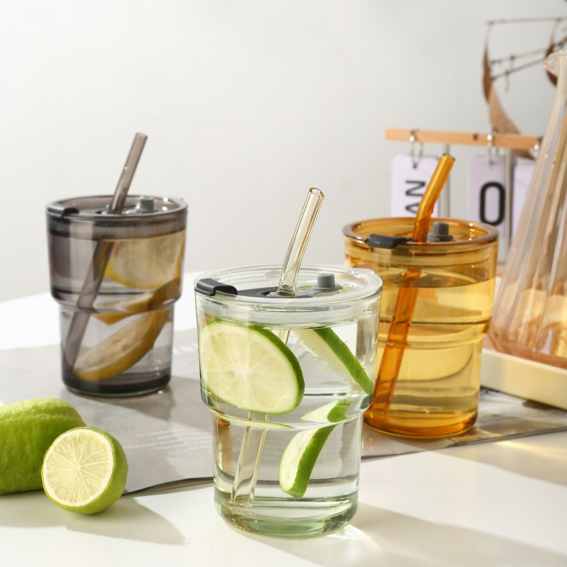 Customized Printed Logo Glass Cup Amber Straw Coffee Cup Advertising Gift Glass Water Cup