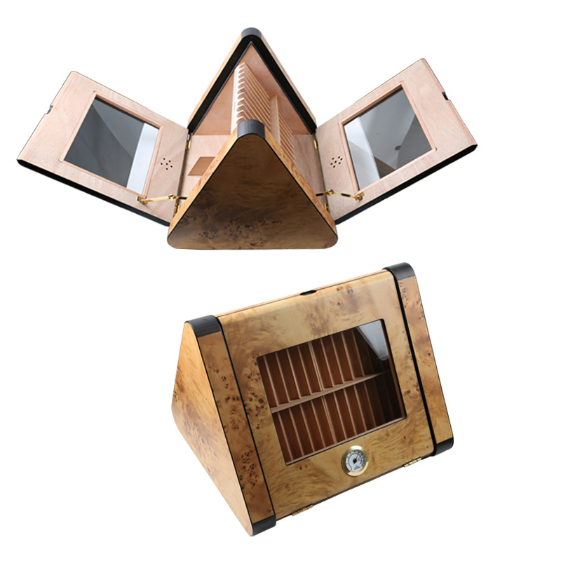 Individual Creativity Triangular Wood Cigar Box with Thermometer