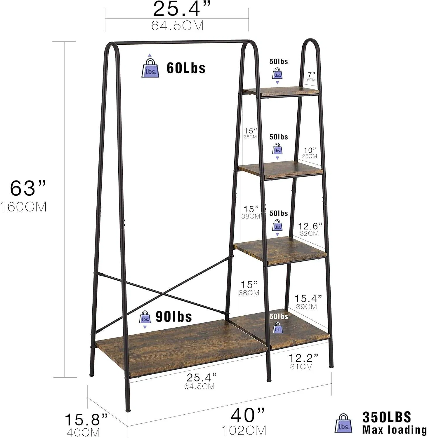 Rustic Heavy Iron Freestanding Garment Rack 4 Wood Shelves Portable Organizer for Bedroom/Entryway Living Room Hanging Clothes