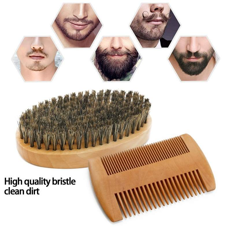 Custom Logo Professional Beard Brush and Comb Set Beard & Mustache Combs Men Boar Bristle Beard Brush and Comb Set