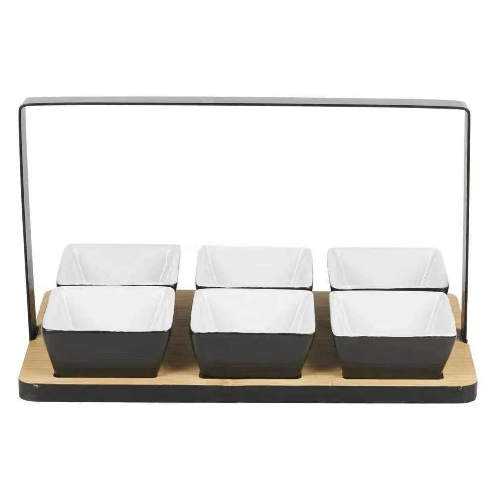 7 PCS Wooden Appetizer Serving Snacks Dips Platter Tray Set with Metal Holder Kids Olives, Nuts Dips, Snacks Serving Tray