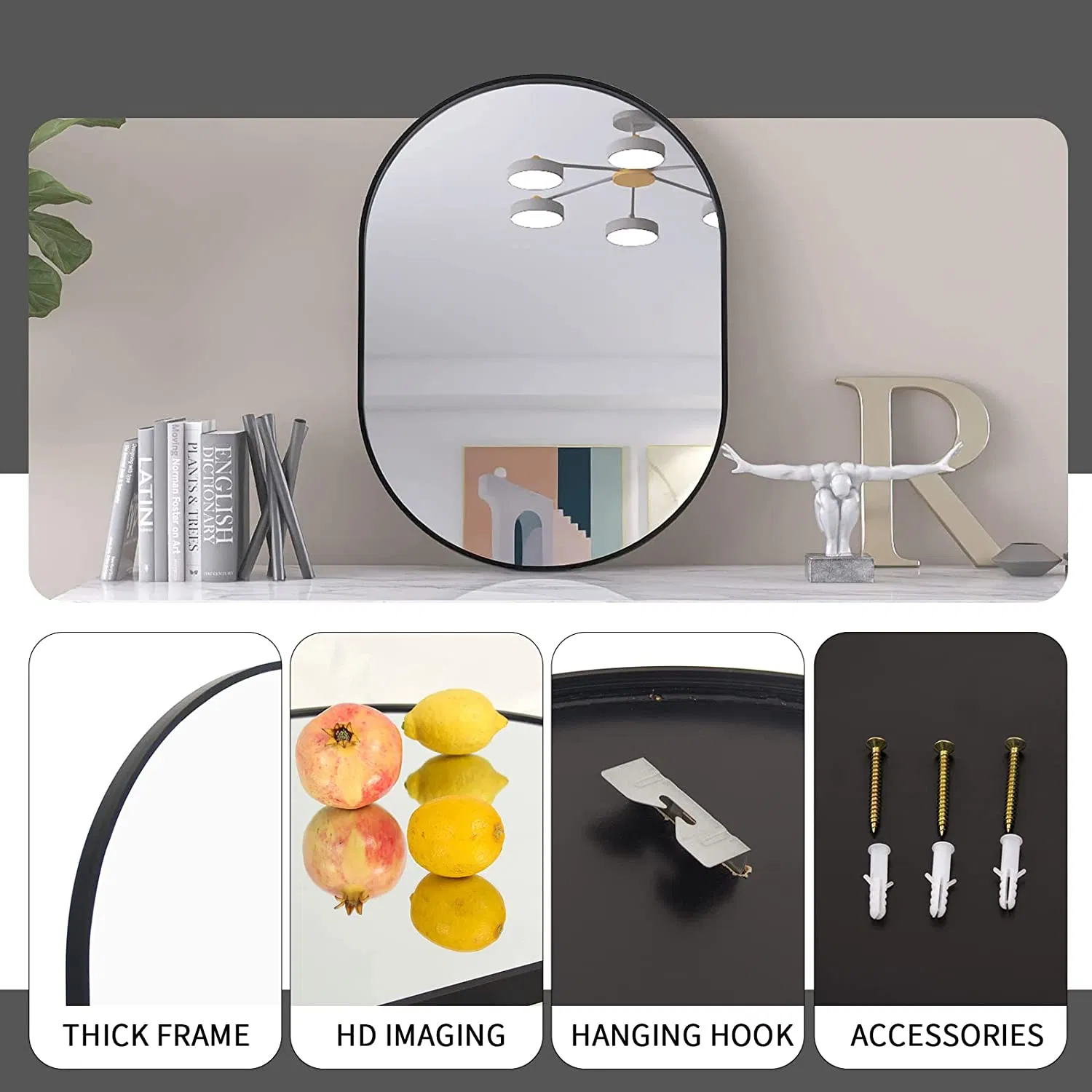 Luxury Oval Metal Frame Bathroom Mirror Wall Mounted Makeup Vanity Mirror for Home Decor