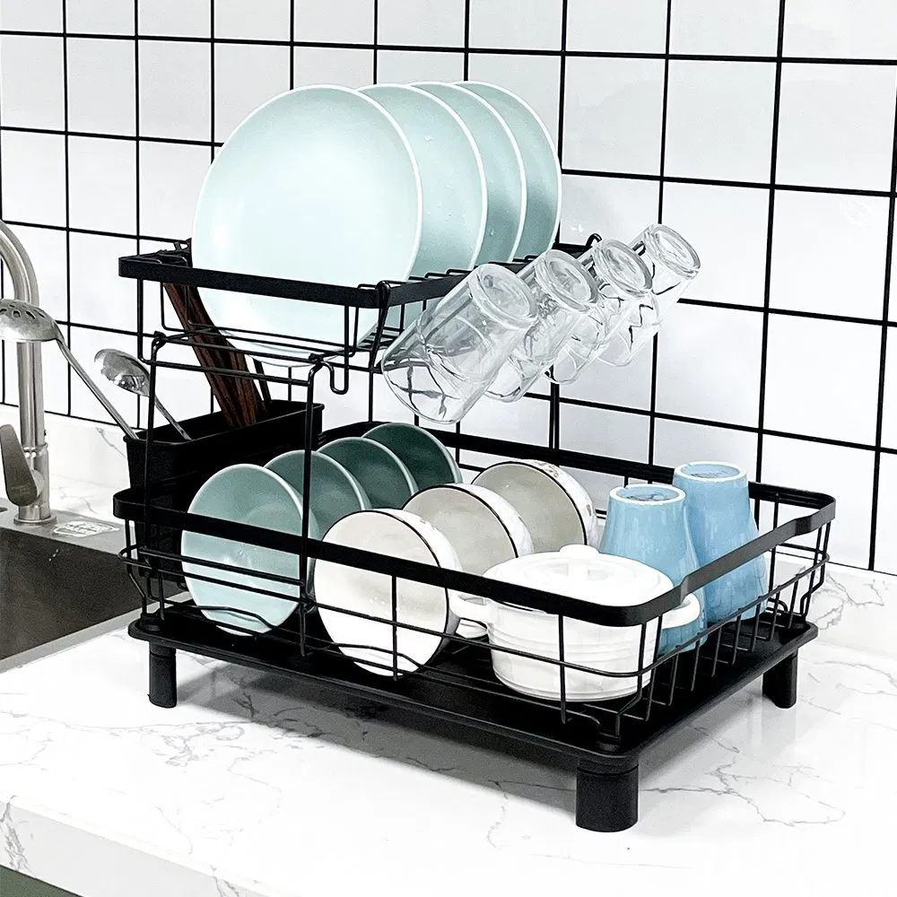 Wire Storage Rack Two Layer Dish Rack with Water Tray