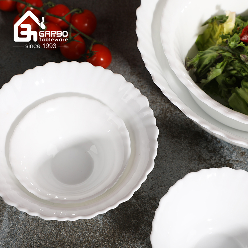 White Opal Glass Salad Bowls 9inch Jade Flower Edge Plates Opalware