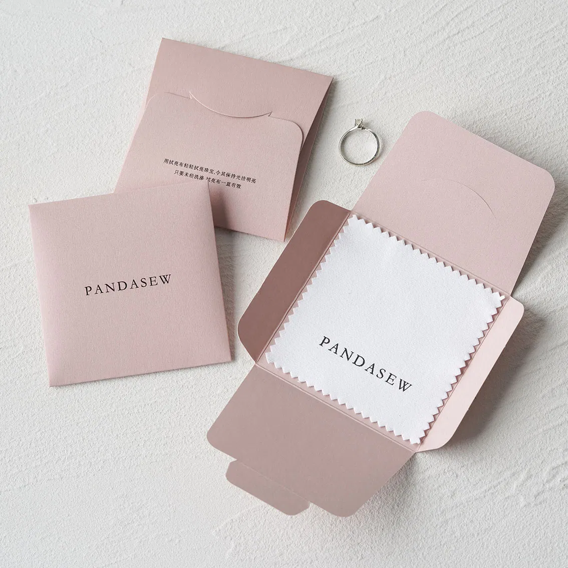 Pandasew Personalized White Black Pink Jewelry Cleaning Cloth with Dark Pink Individually Packaged Case Custom Logo Printed Text Ink Printing