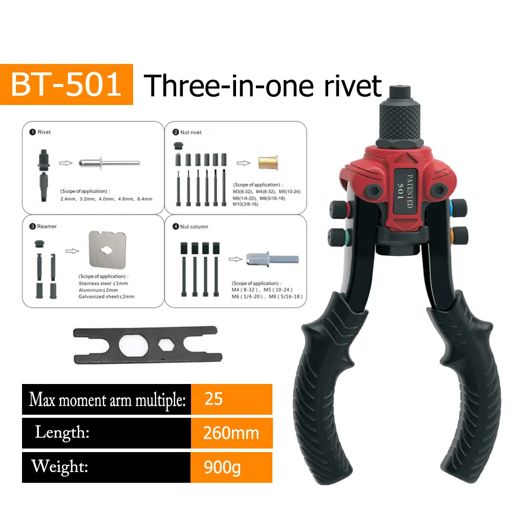 Bt-501 Hand Riveter Threaded Insert Tool Rivet Gun Cordless Riveter 11inch 270mm Innovation Patented Structure 3 in 1hand Nut Riveter Hand Riveting Gun