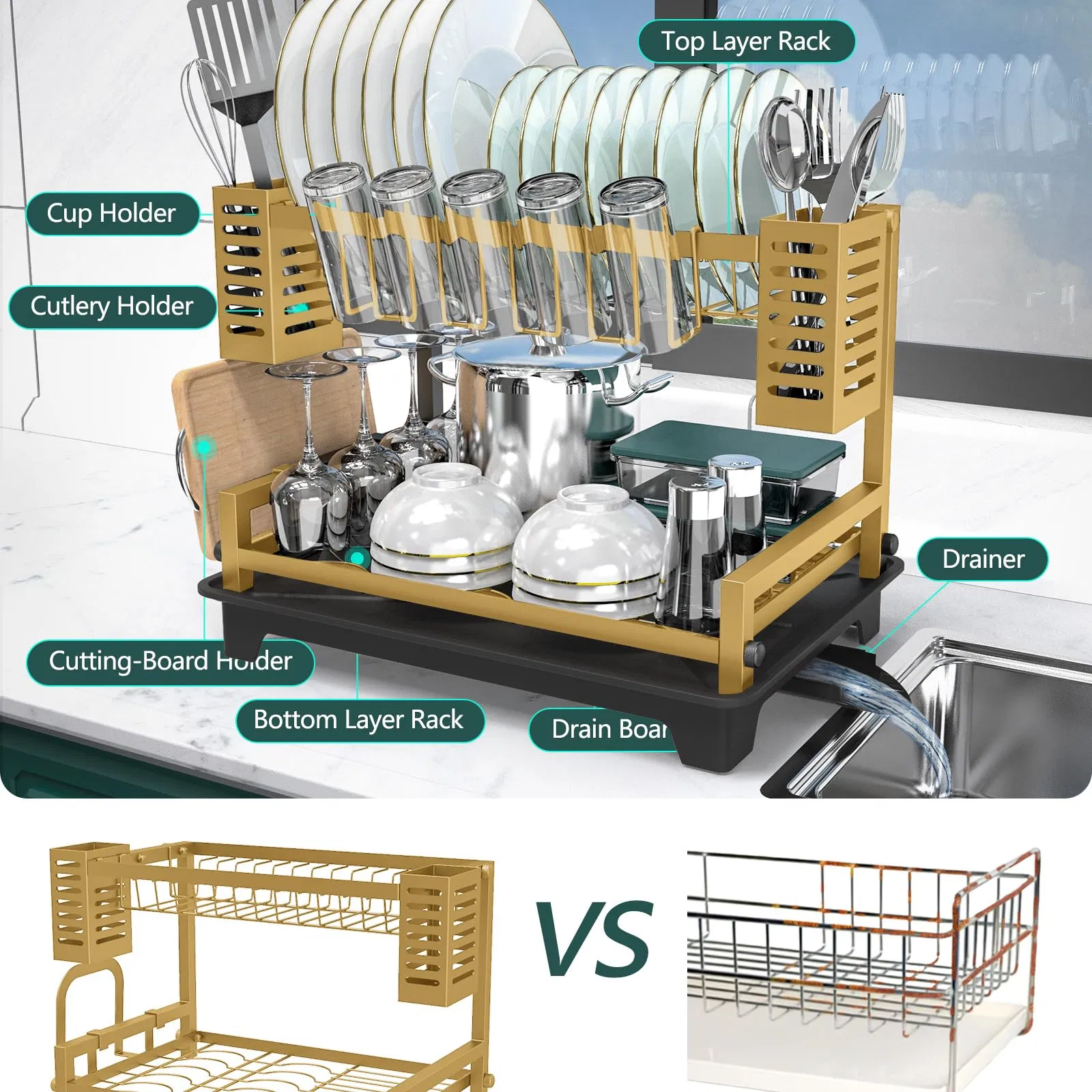2-Tier Stainless-Steel Dish-Drying-Rack with Drainboard & Utensil-Holders, Space-Saving Sink-Counter Organizer