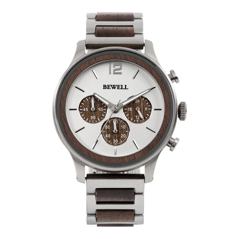 Bewell Stainless Steel and Wood Case and Band 3ATM Water Resistant Real Wood Dial Men Wood Watch