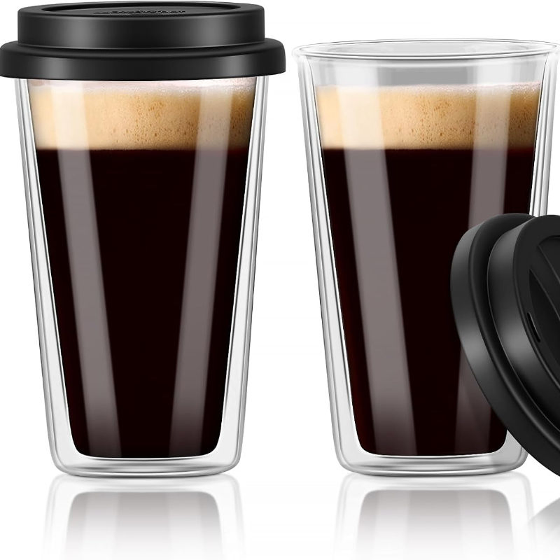 High Quality Double Walled Glass Coffee Mugs with Silicone Lids Insulated Drinking Coffee Cups