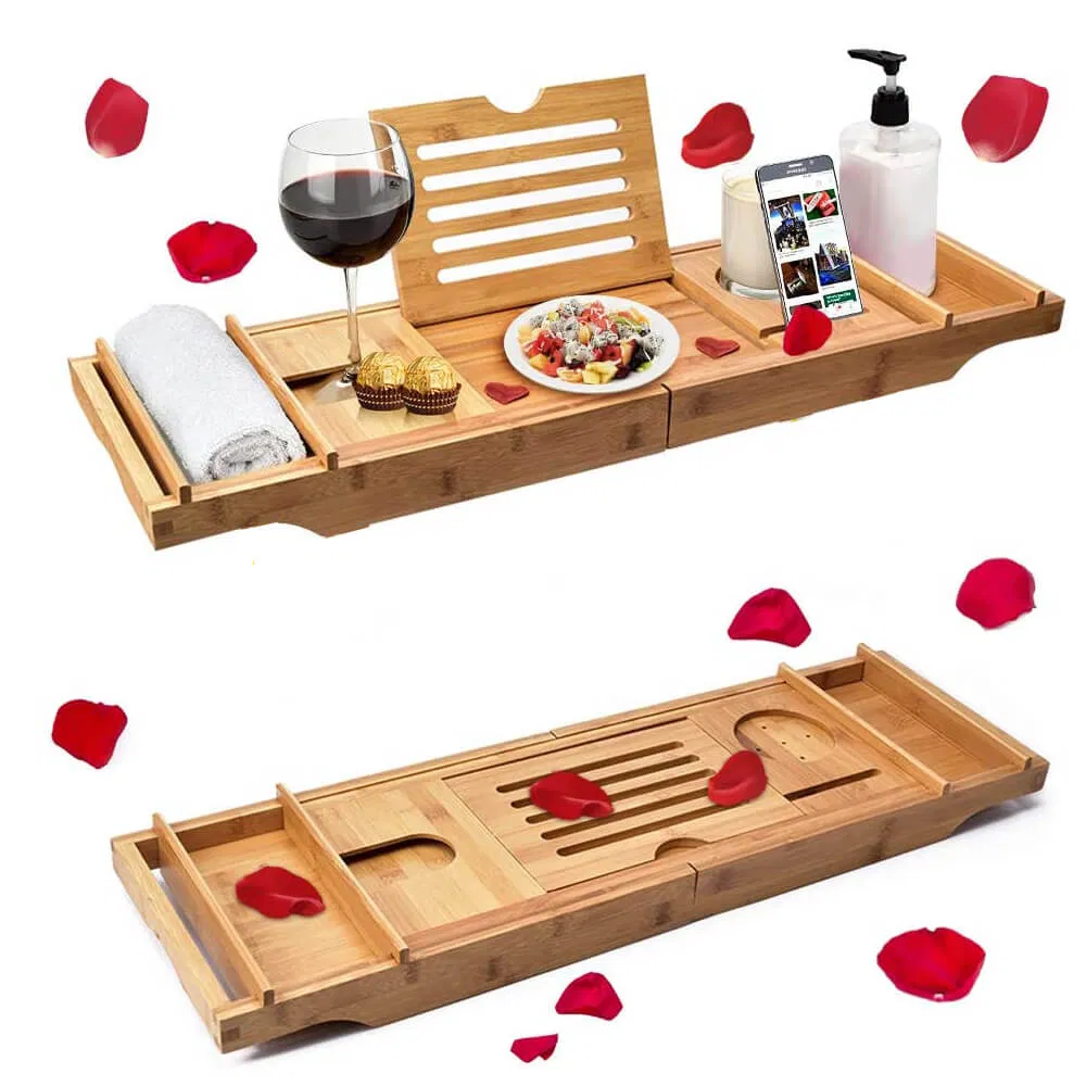 Extra Large Bamboo Bathtub Tray with Expandable Sides Holder for Book Glass Towel