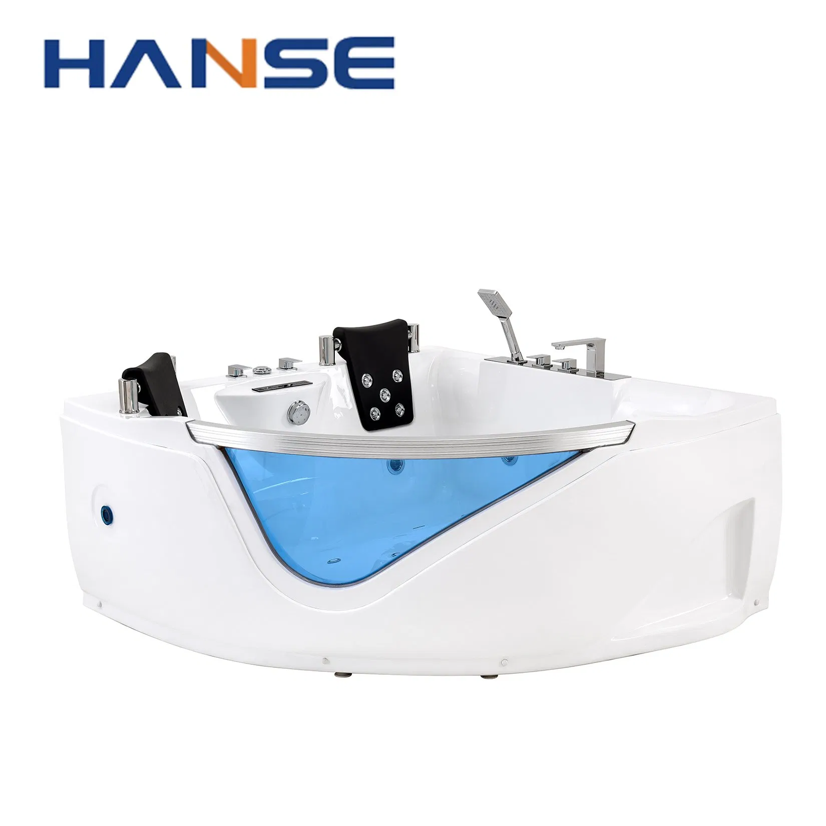 Угловая акриловая ванна с гидромассажем и стеклом