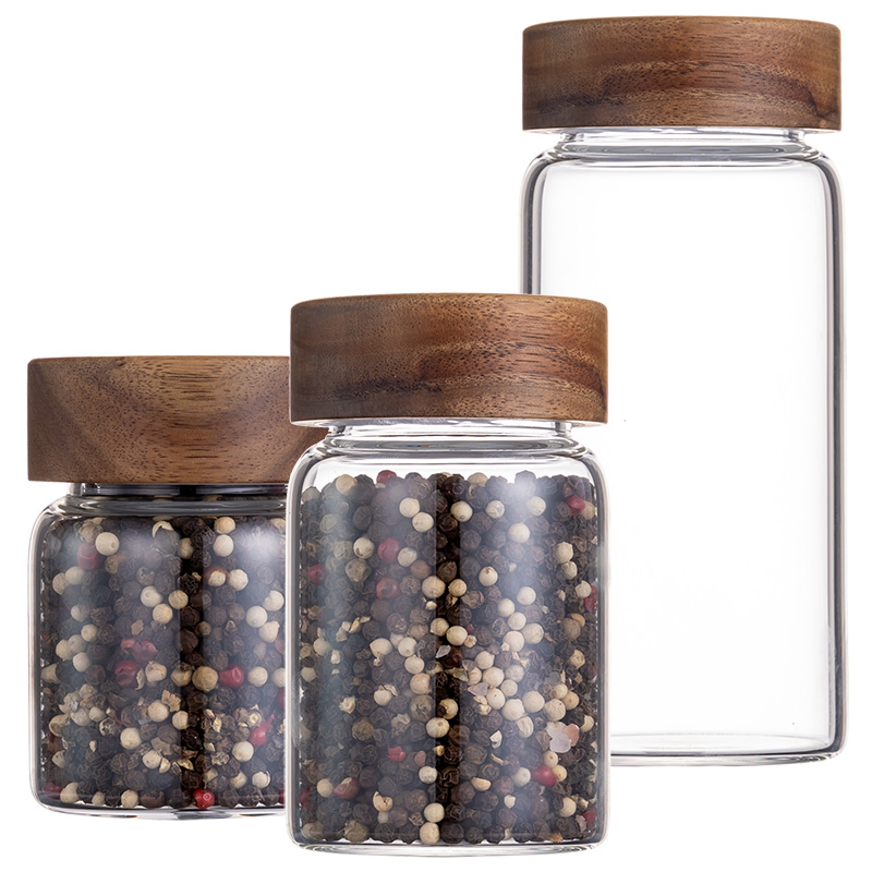 Kitchen Food Canister Container 180ml 500ml 1750ml Airtight Acacia Wood Lid Borosilicate Glass Storage Jars with Custom Logo