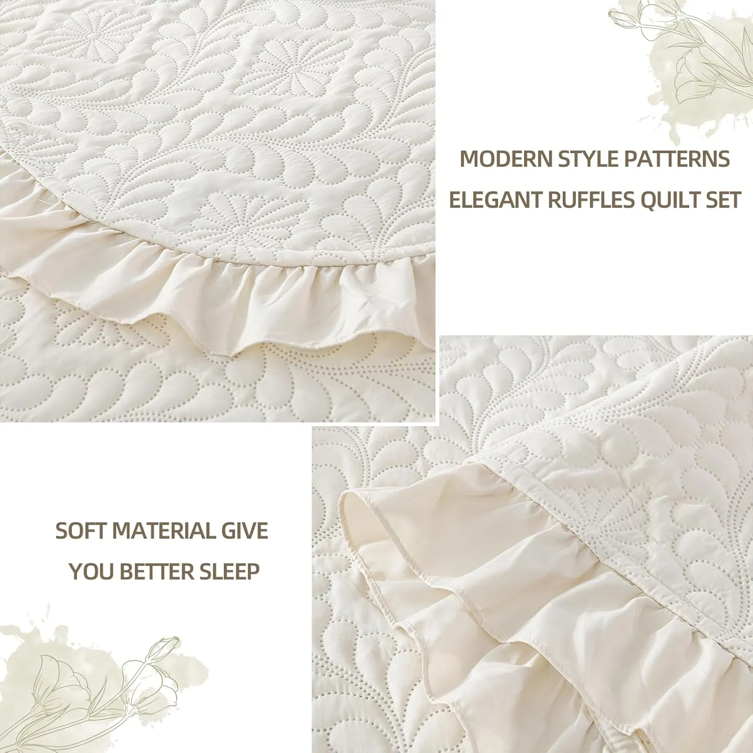 Queen Quilt Bedding Set Ruffled Lightweight Bedspreads Quilted Blanket Bed Cover