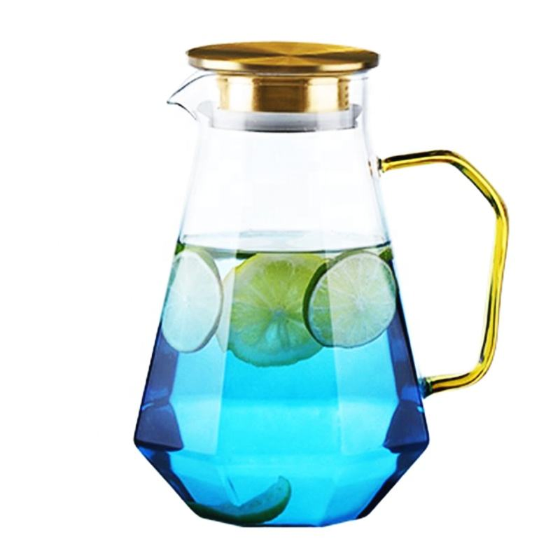 Luxury Blue Glass Water Kettle Set with Diamond Bottom and Golden Handle