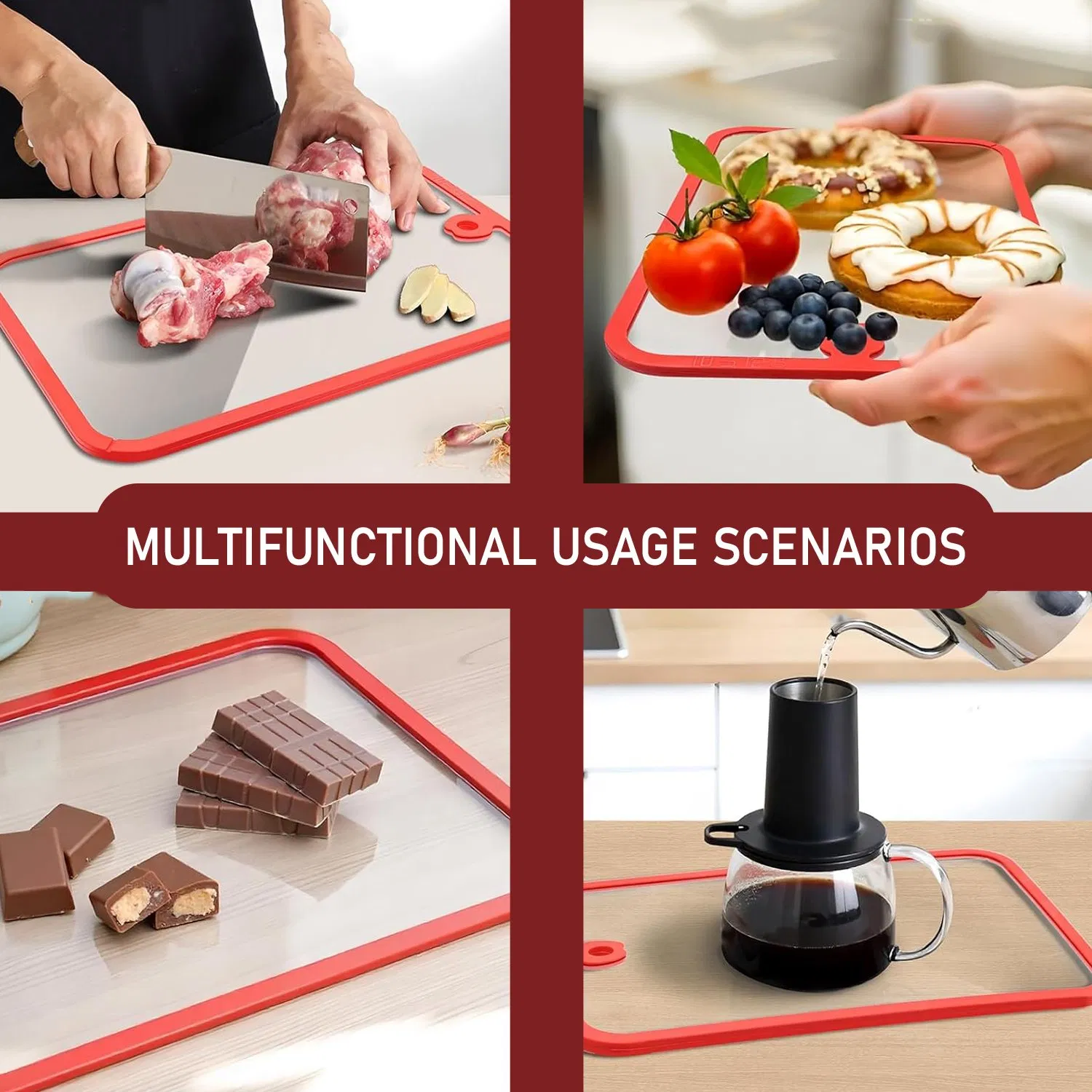 Tempered Glass Cutting Board with Non-Slip Silicone Edge, Antibacterial Easy Clean Kitchen Chopping Board