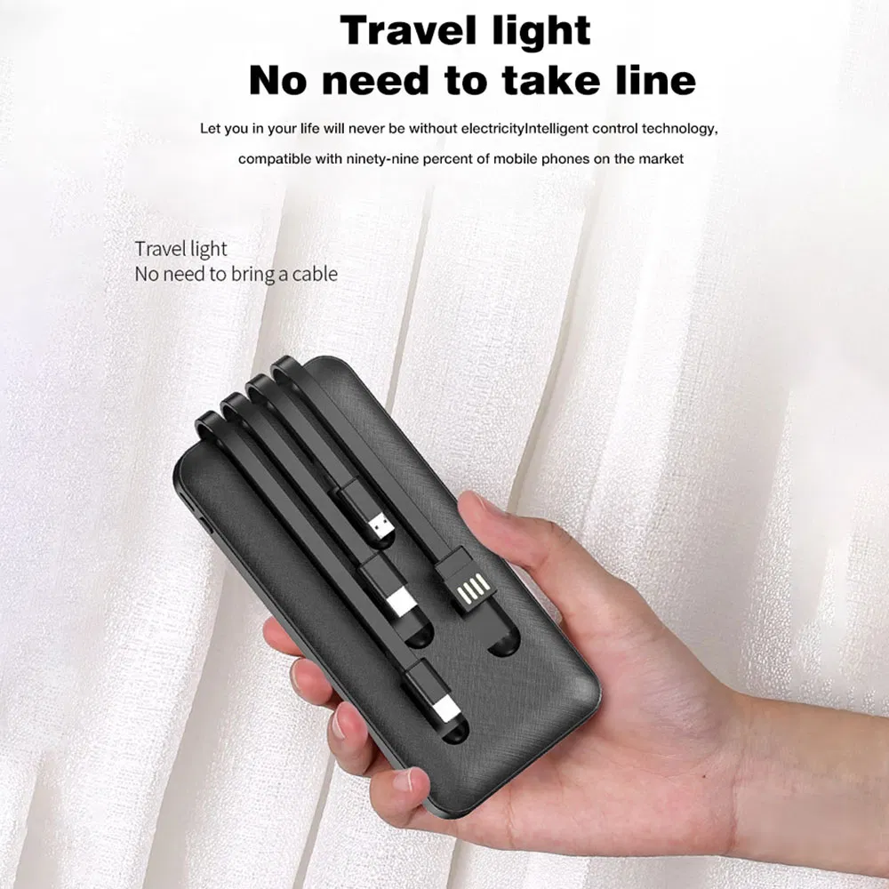 Fast Charging 10000mAh Power Banks Charger Built-in Micro USB/Type-C/Lighting/ USB 4 in 1 Cable Portable Mobile Power Bank