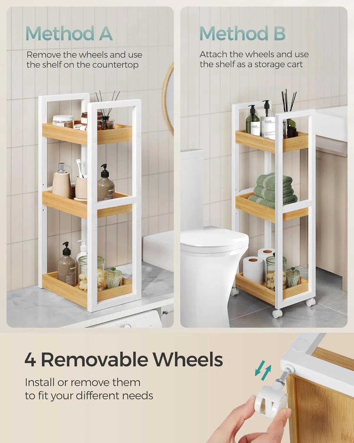 Bamboo Living Room, Bedroom, Kitchen, Bathroom, Third Floor with Swivel Wheel Bamboo Storage Rack