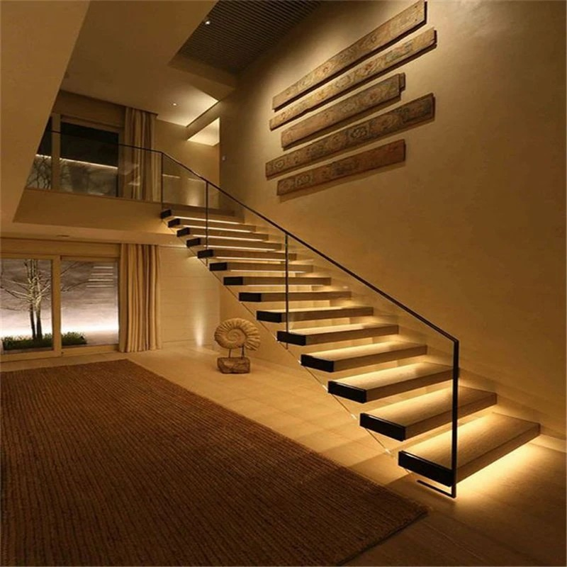Modern DIY Installation Straight Wooden Floating Staircase with Built-in LED Step Lighting for Luxurious Apartment Interiors