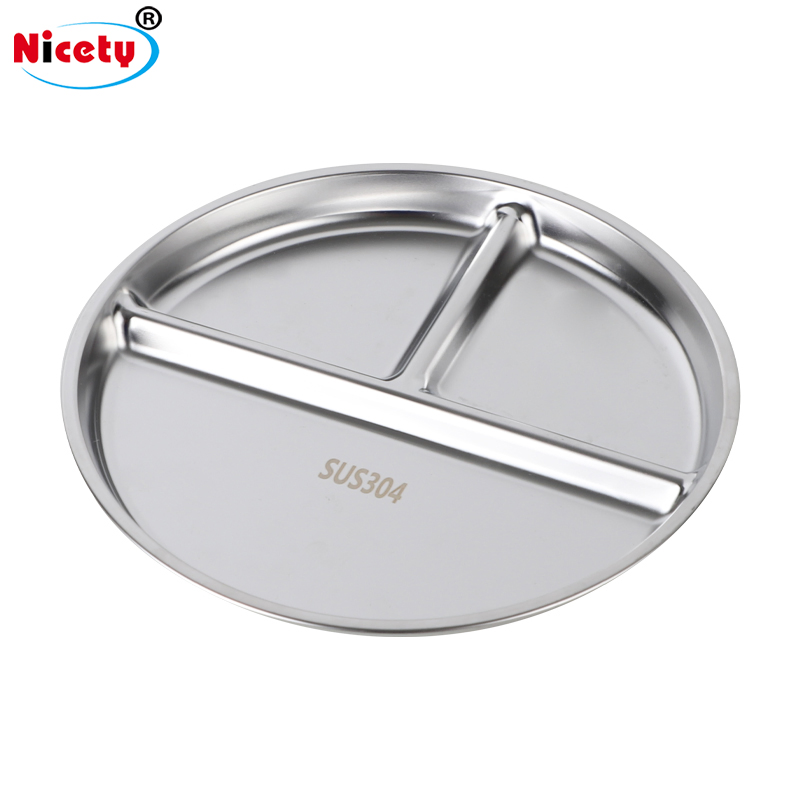 Novel New Design Stainless Steel 3-Compartment Divided Dinner Plate for School and Kids