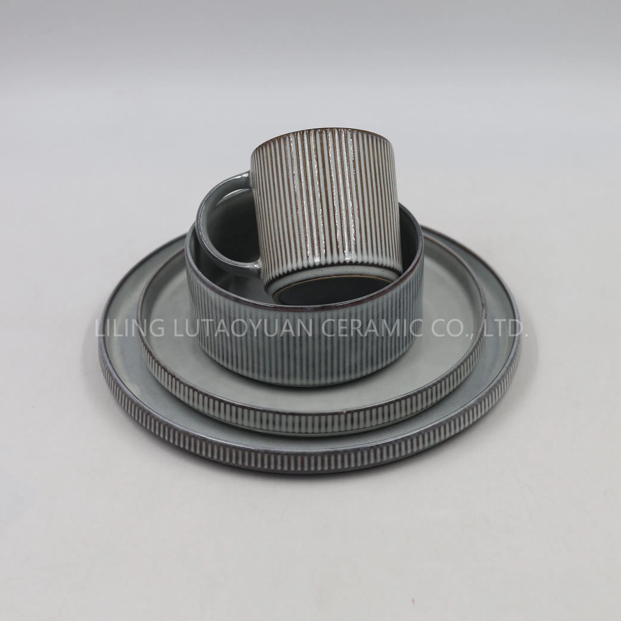 Source Factory Wholesale Porcelain Vertical Grain Reaction Glaze Set, Dinnerware