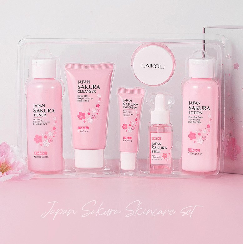 Online Wholesale Ready to Ship Sakura 6PCS Best Skin Care Set Products Improve Wrinkle Rough Skin Cleanser Toner Serum Eye Cream Face Essence Cream