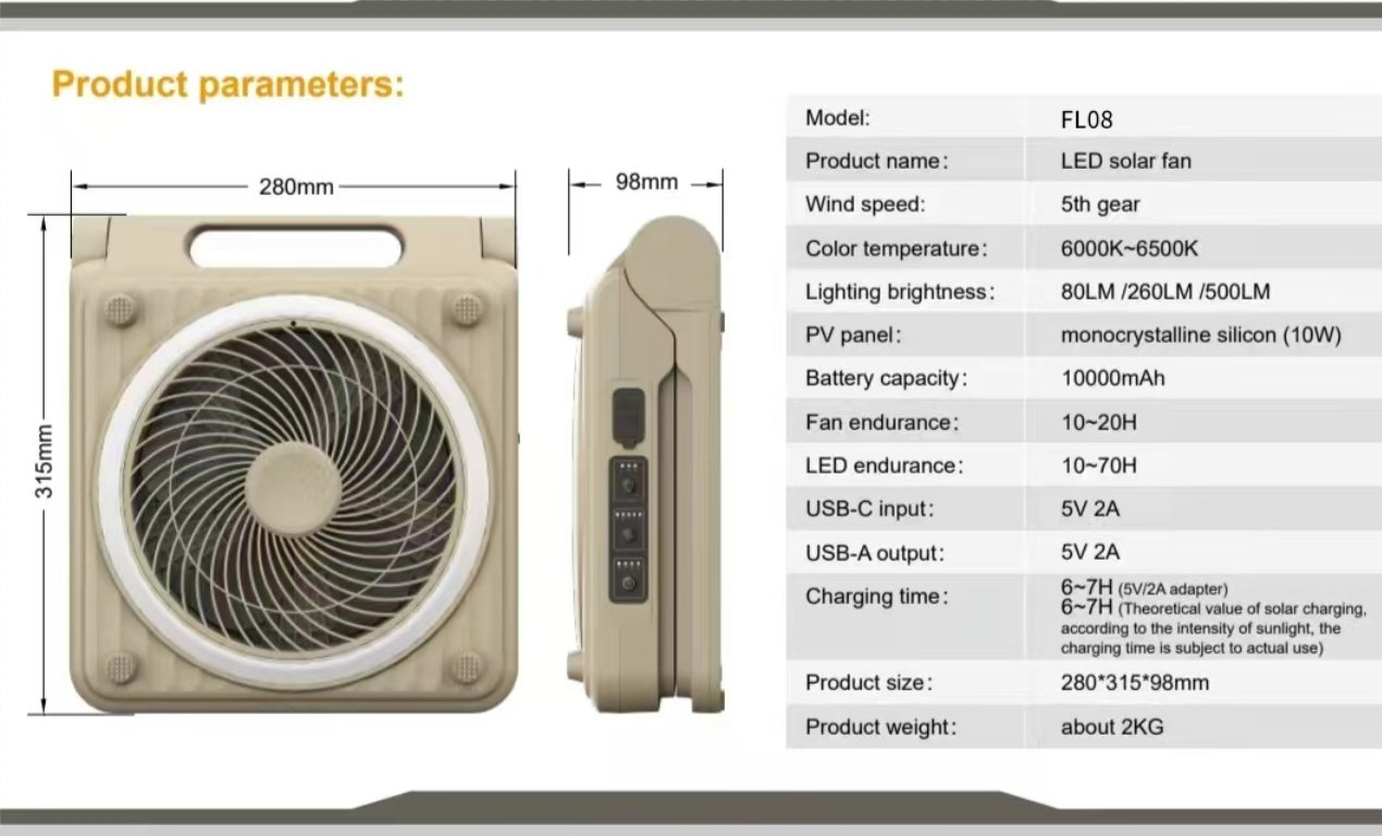 Foldable Solar Charging DC Fan with Battery and LED Lighting