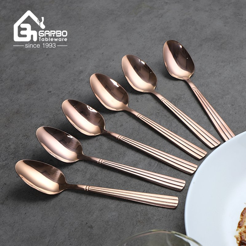 Handmade Mirror Polish 13/0 Silver Stainless Steel Cutlery Flatware Dinner Set Soup Spoon with Customized Rose Gold Engraved Pattern Design for Home Hotel Use