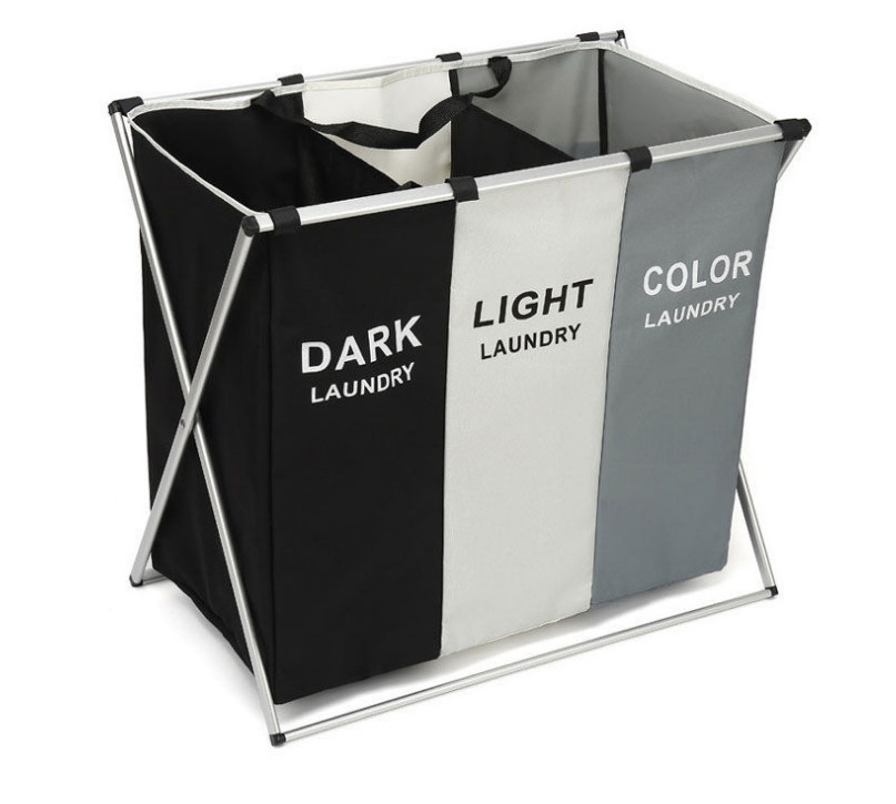 Waterproof Folding Laundry Basket 3 Compartments Organizer Dirty Clothes