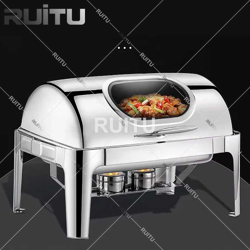Catering Industry Dining Buffet Serving Food Shafers Tableware Roll Top Round Catering Food Warmer 6L Stainless Steel Chafing Dish Silver Buffet Set Chafer
