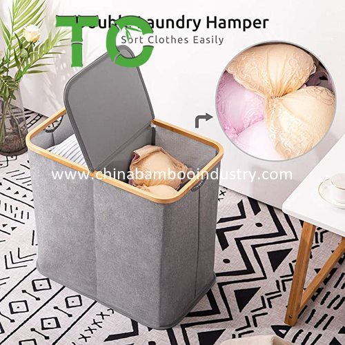 Wholesale Bamboo Double Laundry Hamper with Lid, Collapsible Dirty Clothes Basket with Handles, 2 Section Waterproof Small Clothes Hamper Storage