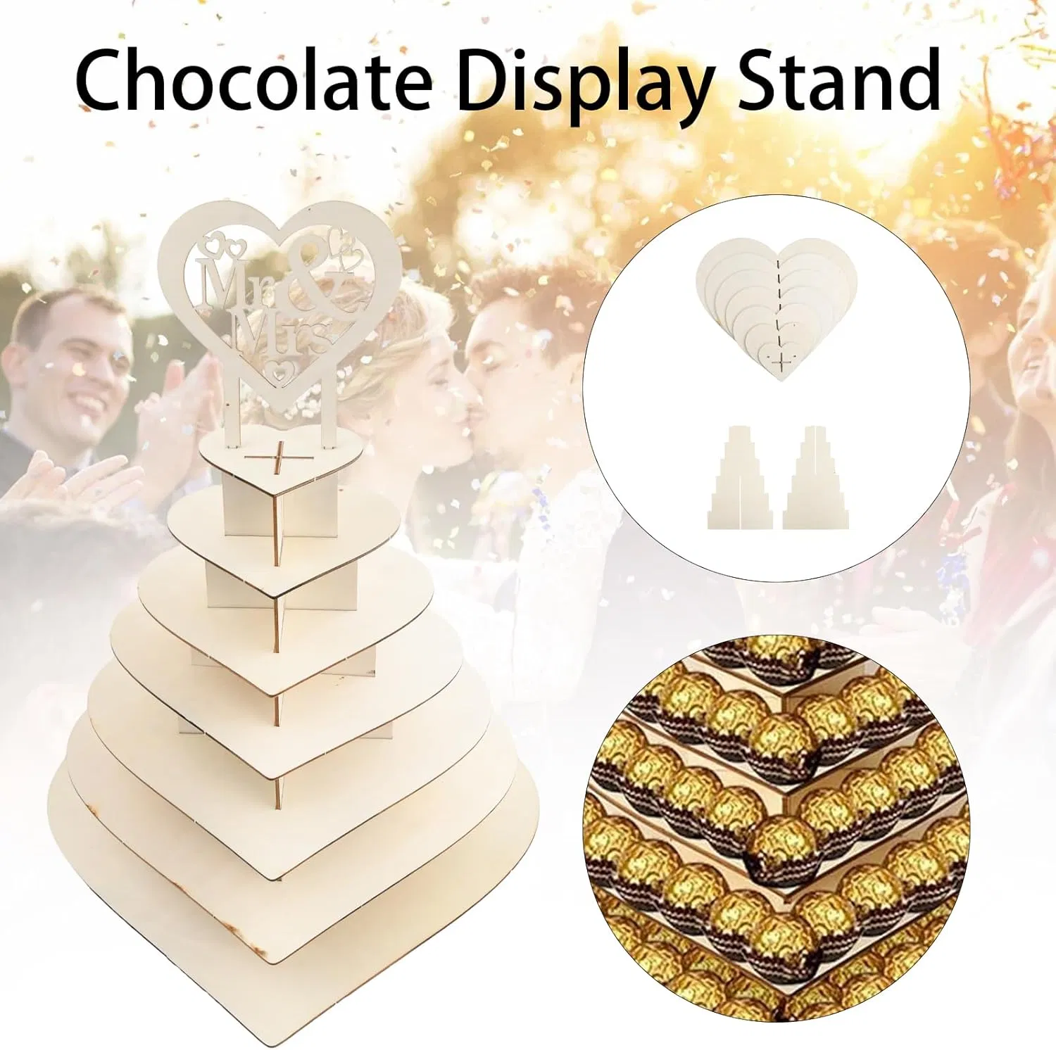 Elegant Heart-Shaped 7-Tier Wooden Chocolate Display Stand for Events