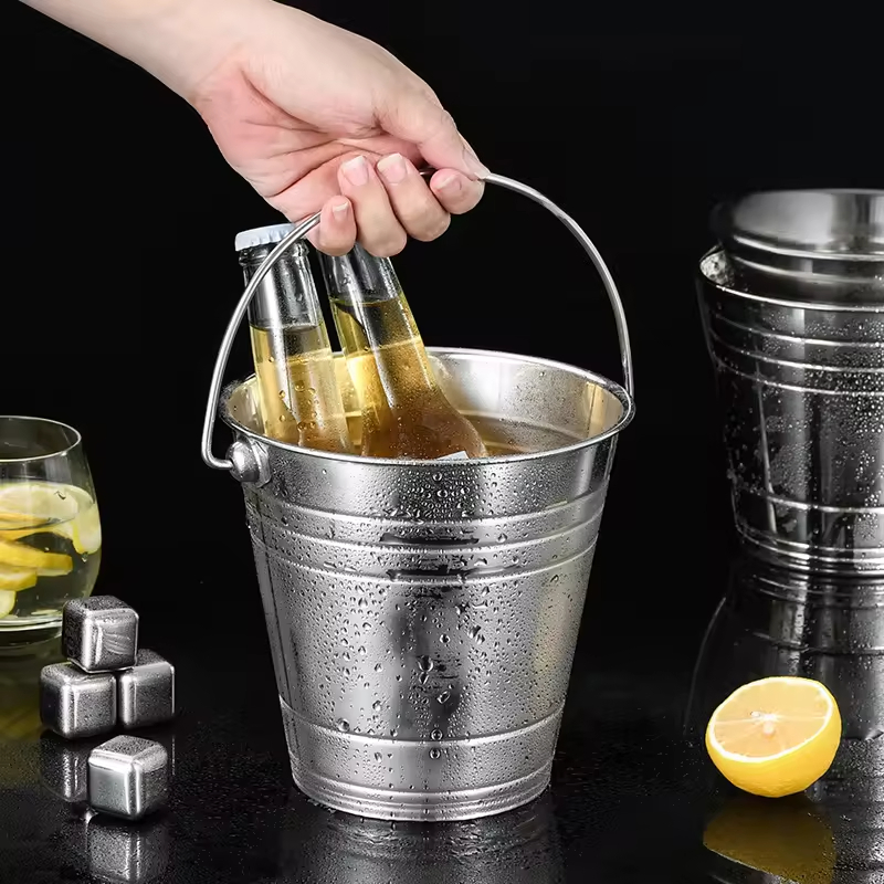 Custom Metal Beer Ice Buckets Silver Stainless Steel Champagne Cooler Wine Chiller Bucket for Sale