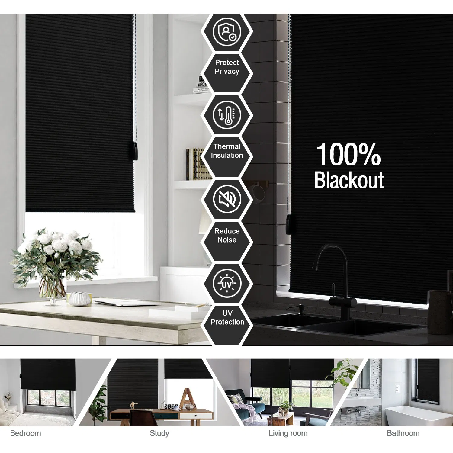 Manufacturer's Electric Blackout Honeycomb Blinds Quick No Drill Installation 25mm/38mm/45mm Black Plastic Vertical Sound Proof Feature