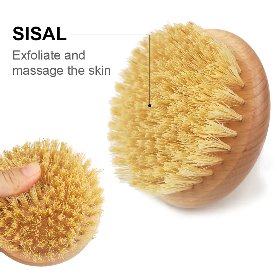 Wholesale Custom Round Cover Shaped Short Handle Body Back Bath Scubber Brosse a Sec Wooden Scrub Sisal Dry Brush