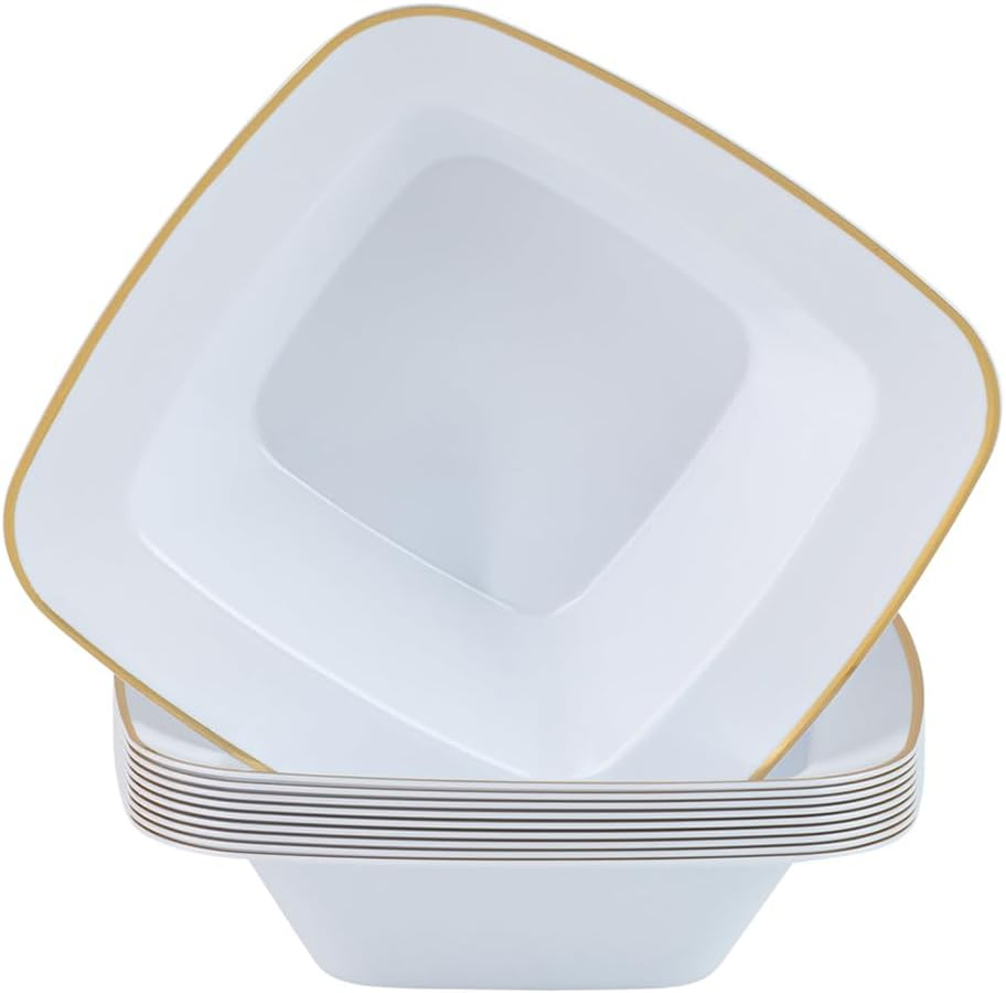Elegant White Plastic Bowls with Gold Trim for Parties