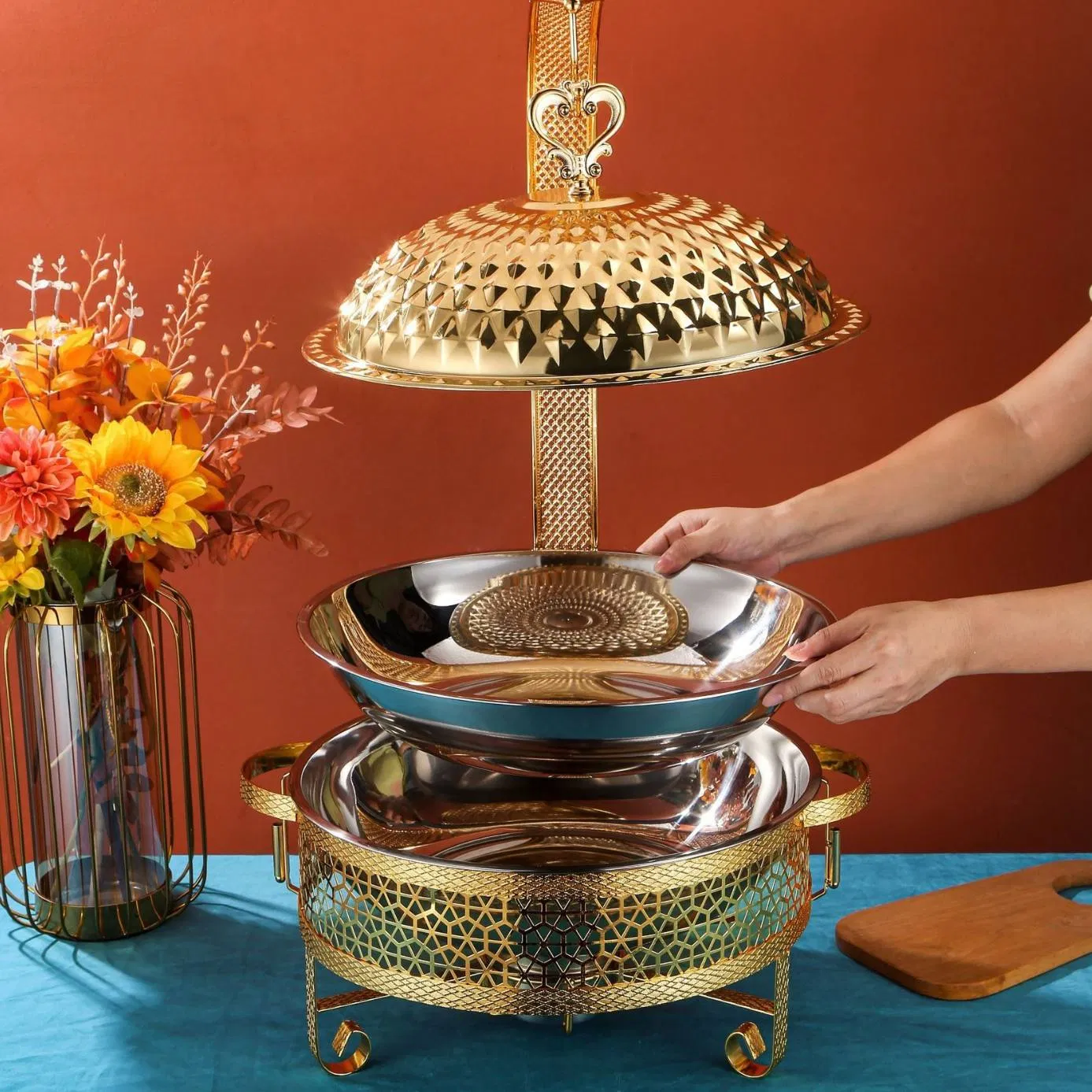 8L Big Size Stainless Steel Gold Hotel Restaurant Food Large Capacity Hot Pot Catering Buffet