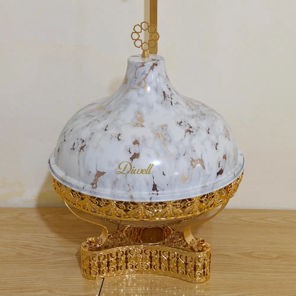 Event Equipment White Marble Food Warmer with Hanging Lid Chaffing Dishes Gold Stand Sheffing Dish Buffet Heating Fuel Catering Serving Chafing Dish