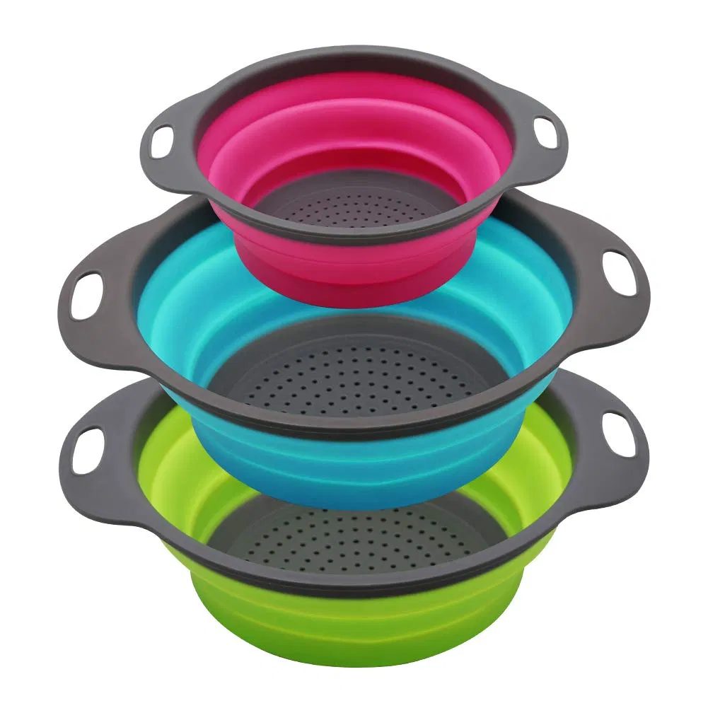 Collapsible Colander 3 Pack Round Silicone Kitchen Pasta Vegetable Fruit Strainer