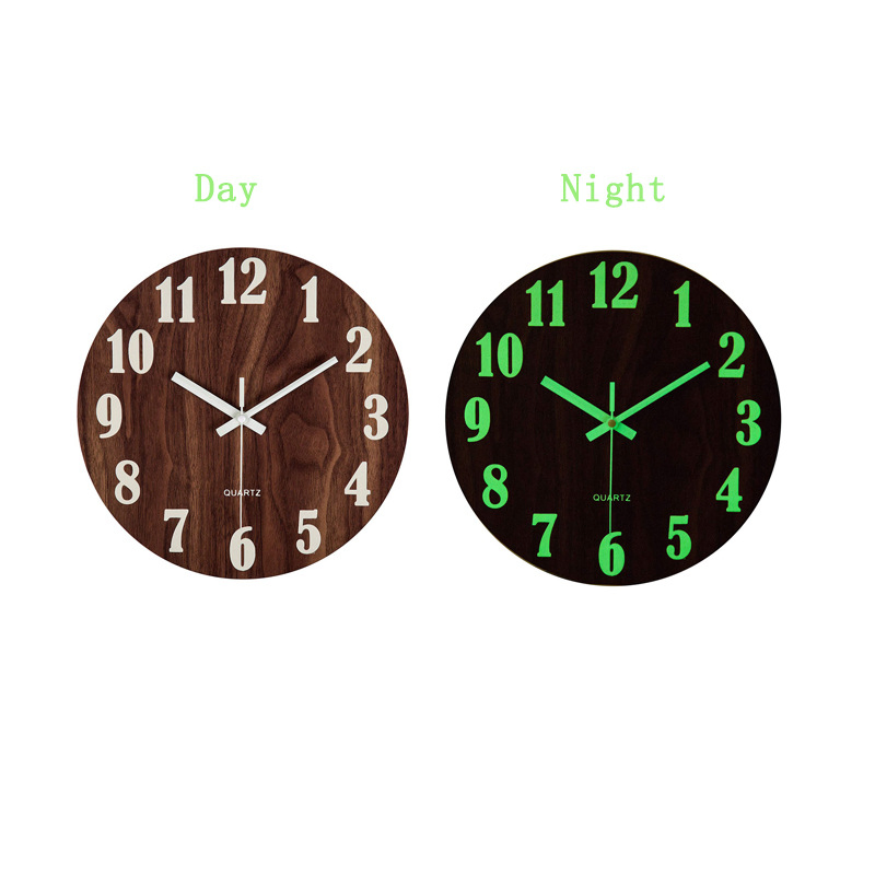 12 Inch Luminous Wall Clock Wood Silent Light in Dark Night Nordic Fashion Wall Clock Non Ticking Clock with Night Light