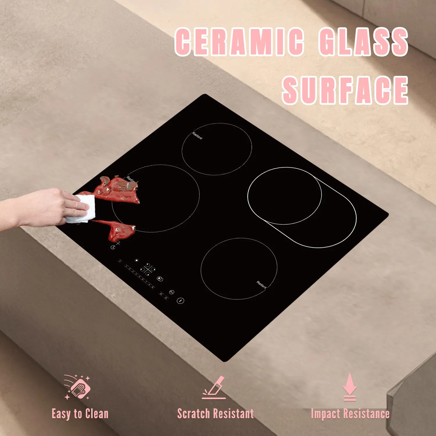 24 Inch Electric Cooktop 4 Burners, Drop-in Ceramic Cooktop, 6000W Radiant Electric Stove Top Burner with Touch Control, Safety Lock