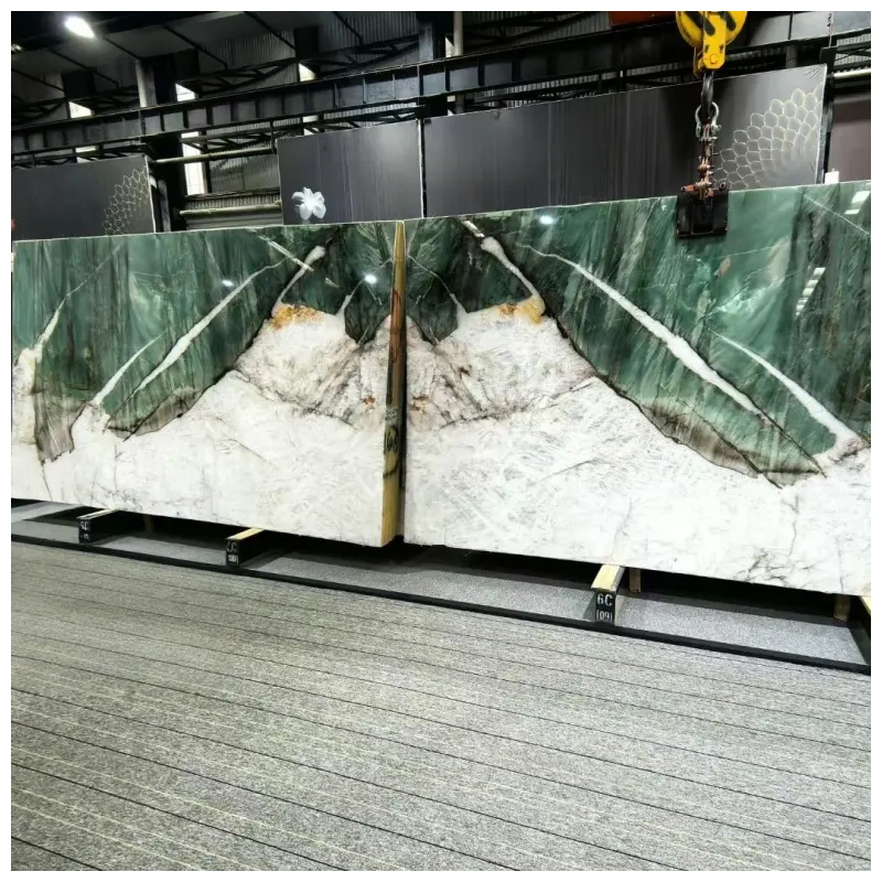 Backlit Botanic Wave Green Quartzite Slabs for Bookmatched Wall