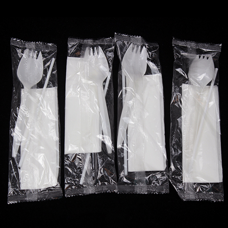 Disposable PP Spork with Milk Straw Napin Plastic Medium Weight Cutlery Set