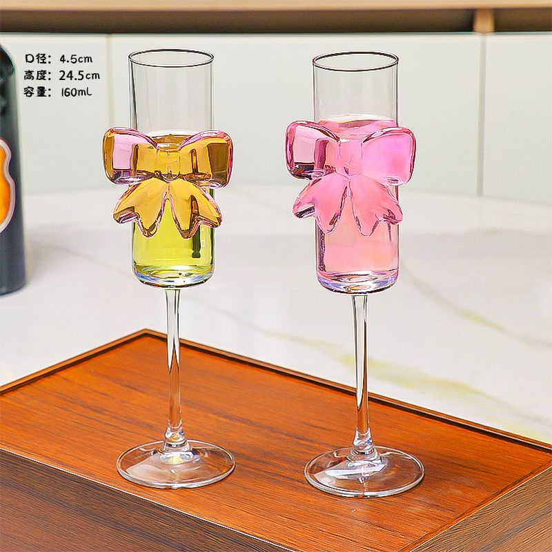 Customized Hand Blown Lead Free Glass Bowknot Wine Goblet Party High Feet Champagne Glasses Pink Bow Champagne Flutes