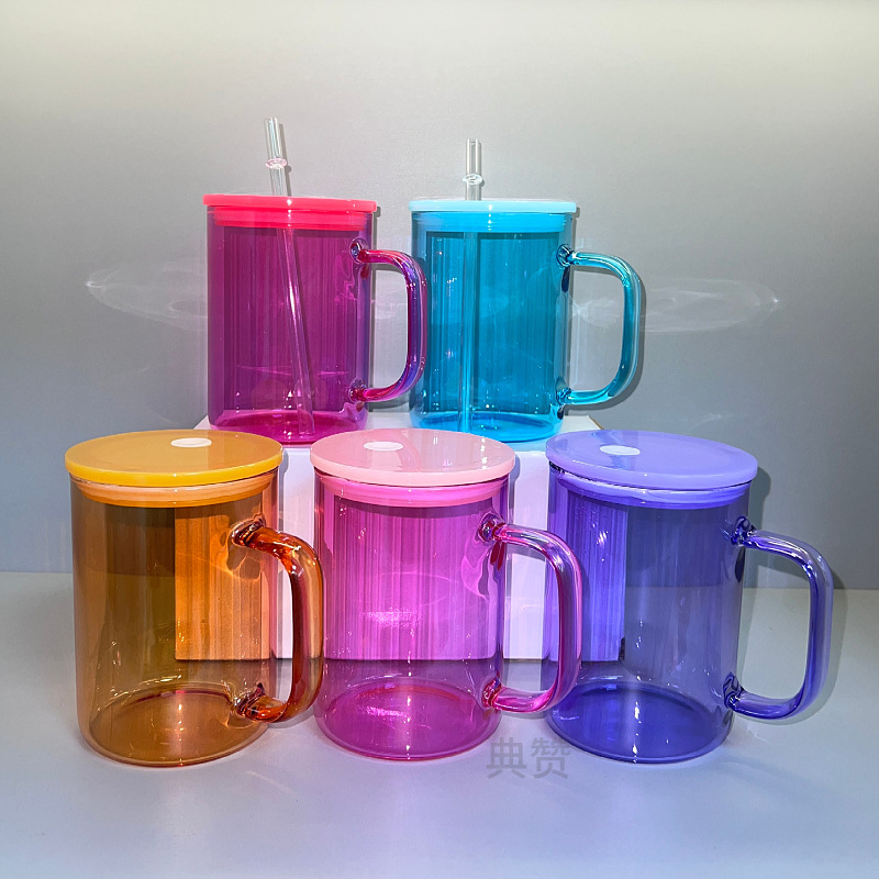 New Jelly Cup with Lids 17oz Candy Colors Sublimation Glass Can Hot Sale Beer Cups with Handle and Plastic Straw