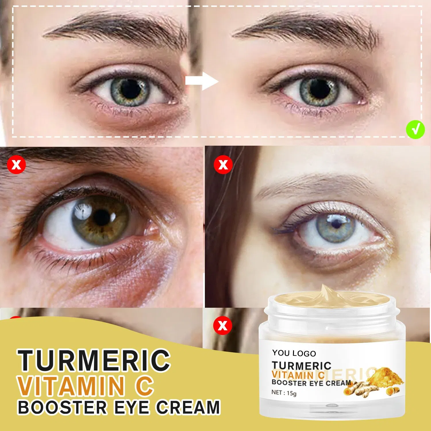 Beauty Turmeric Vitamin C Eye Cream to Help Removal Dark Circles Puffiness Eye Bags