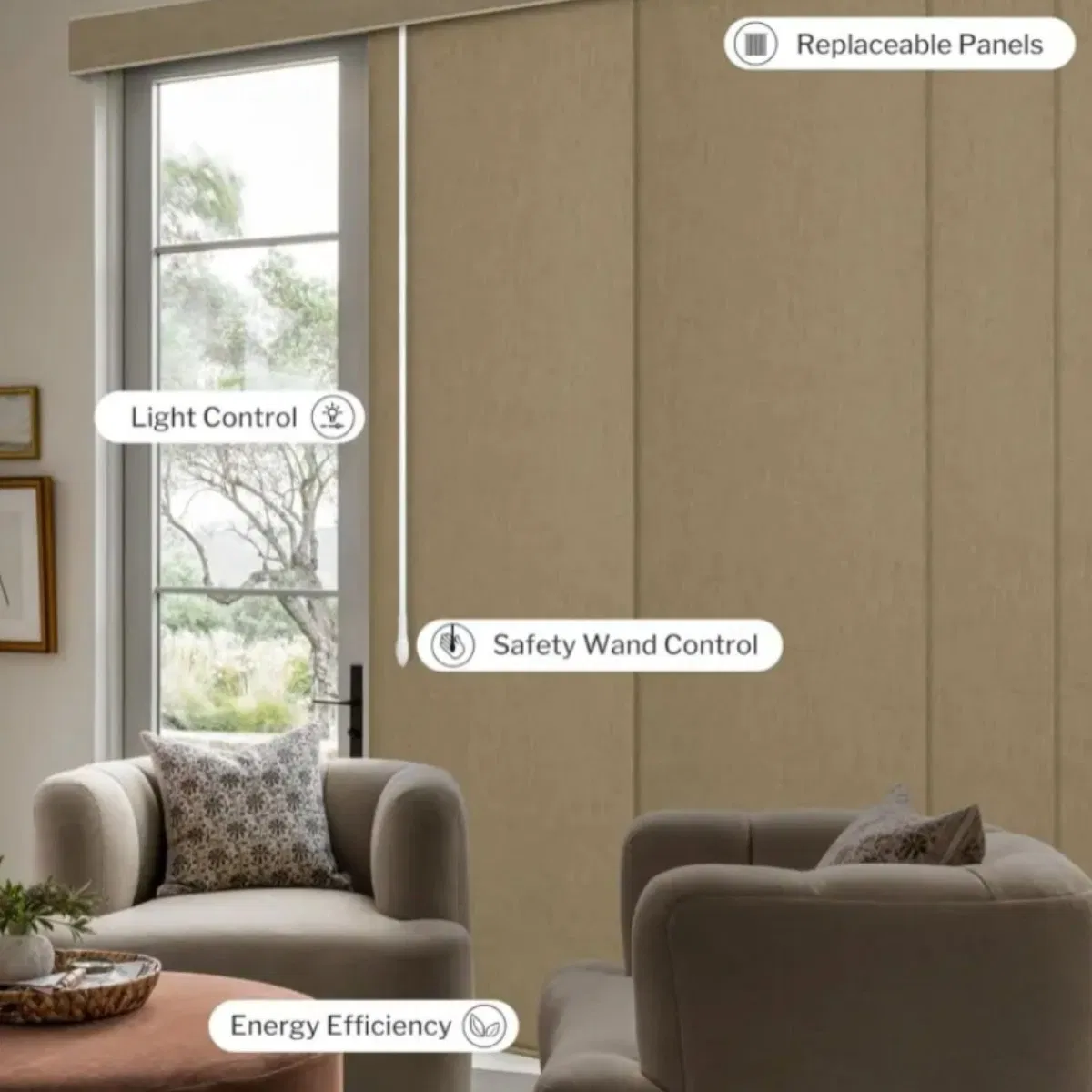 OEM Polyester Fabric Back Layer Safety Wand Track Control Vertical Panel Blind for Bedroom