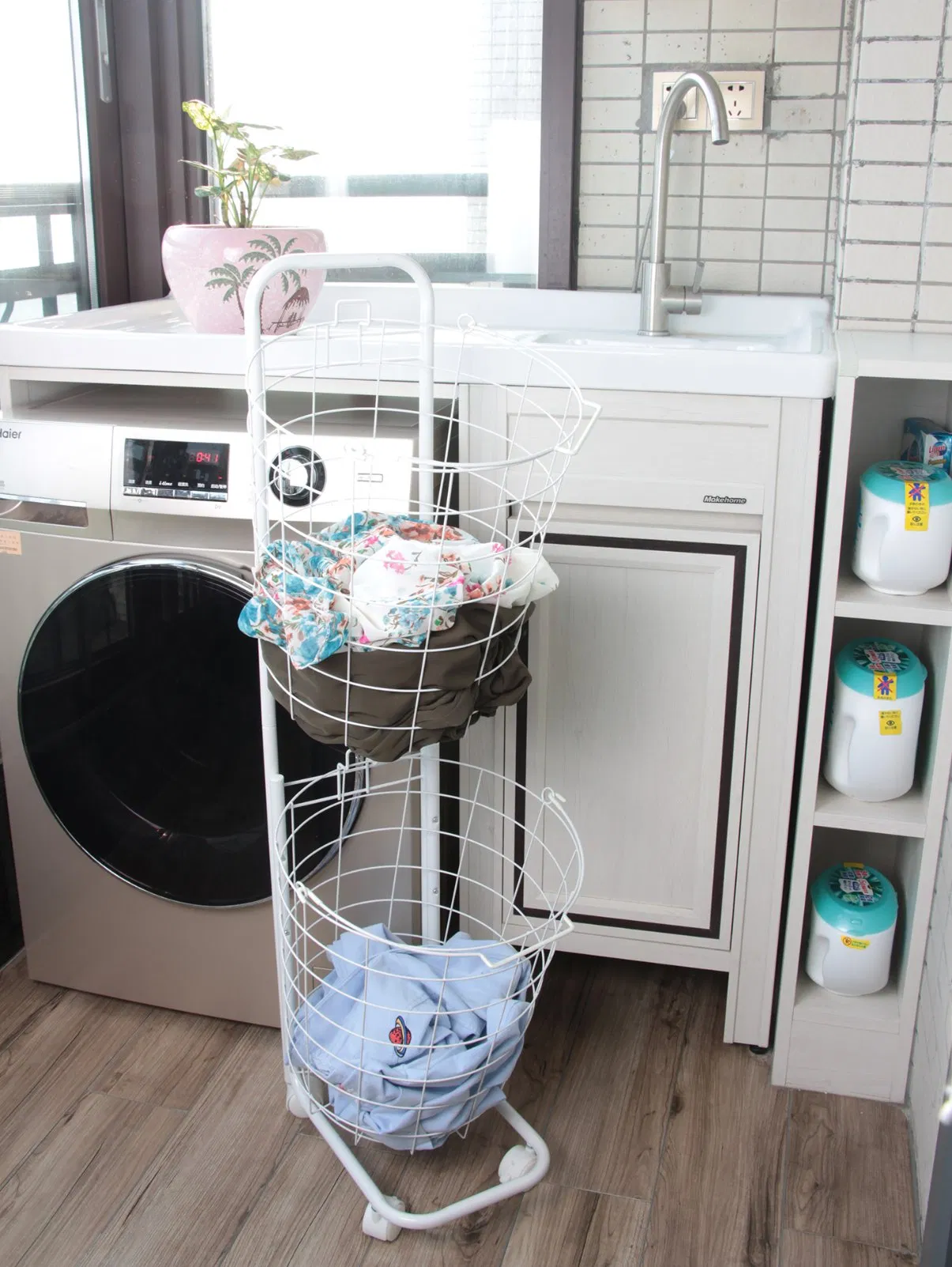 2 Tier Rolling Laundry Cart Portable Bathroom Storage Basket with Wheels