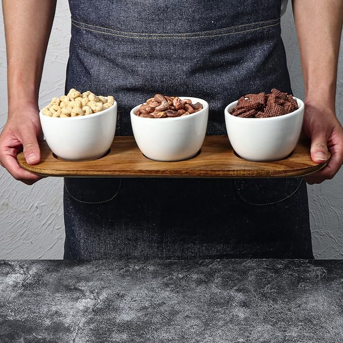 Elegant Acacia Wooden Serving Tray with 3 White Ceramic Bowls